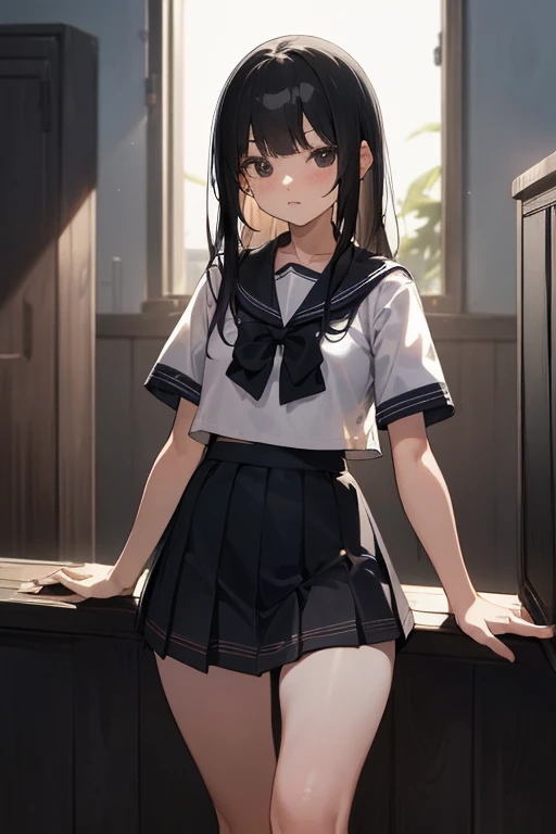 (Official Art、best quality、Unity 8k Wallpaper、32K、 masterpiece、Ultra Detailed、high resolution,Perfect anatomical structure),(Natural soft lighting:1.2),Beautiful face and eyes,Cowboy shooting,(Focus 1woman,Solitary),1 beautiful、Japanese, Success Master:1.5、Black Hair,Long hair,bangs,black eyes,(Small head:1.4, Ideal body proportions:1.5,Skinny:1.2,Small breasts:1.2),(Uniforms:1.3、Short sleeve、Sailor Suit、Pleated Mini Skirt)、Kou&#39;s position:1.5、Fighting Stance:1.4、1 girl，JK Clothing，Gloomy cells，All over the ground torture instruments，Bloody torture instruments，All over the ground bloodstained，All over the ground，4 naked men，The girl was naked，Teenage nude，The girl was tied up and hung，，，Girl with injuries，Wailing in pain，The girl wasrape，The girl was，Multiple people had violent sex with a young girl，Violent sexual behavior，Deep throat，，（（Full set））、（：1.6），rape，Clothes are torn