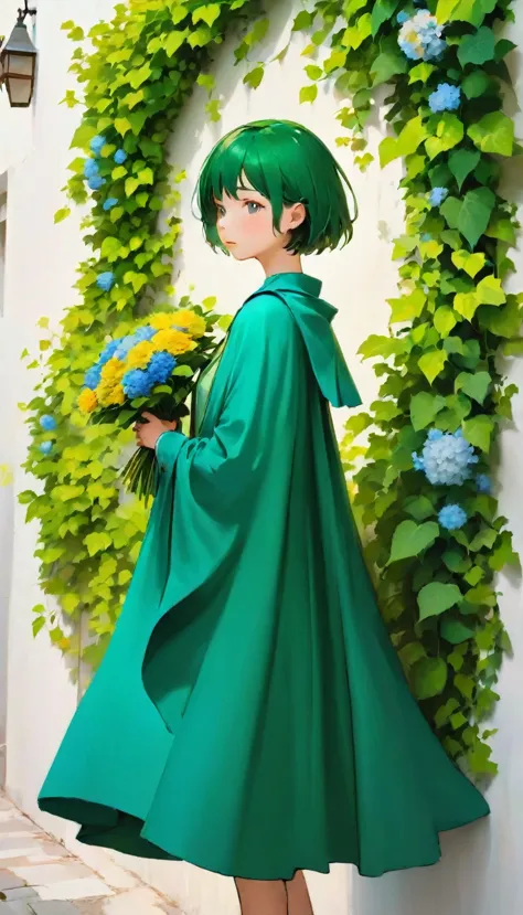 a woman standing in front of a white wall with a bouquet of flowers, short hair, pretty girl, ivy, wearing blue-green clothes, w...