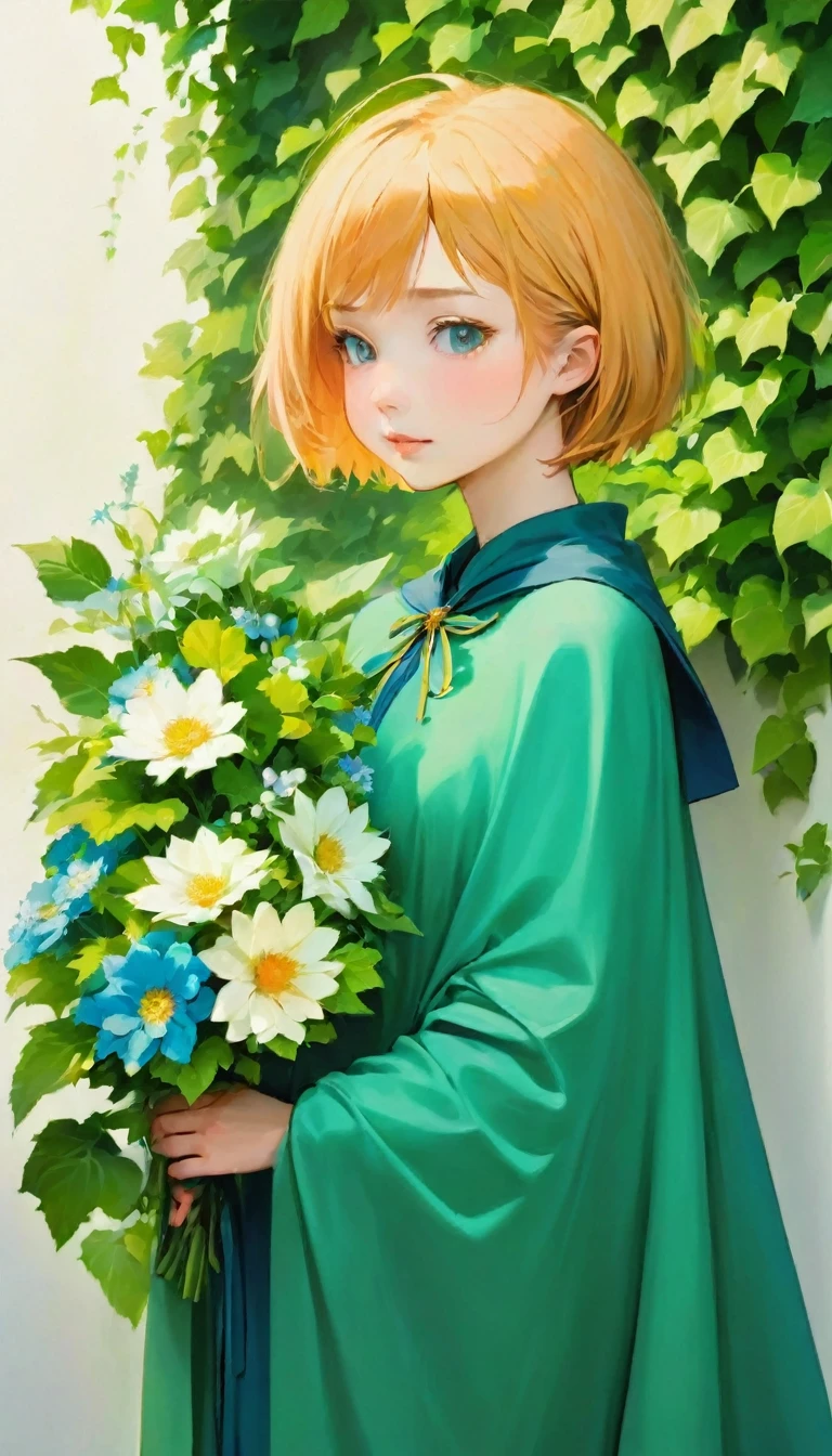 A woman standing in front of a white wall with a bouquet of flowers, short hair, pretty girl, Ivy, wearing blue-Green clothes, With flowers, Highest quality photos, with cape, Green clothes, photo shoot, Smooth input _ With background, 女性の身体のaesthetics, 🤤 Portrait of a Girl, beautiful!!, Wear it longer, Loose-fitting clothing, Casual pose,  aesthetics