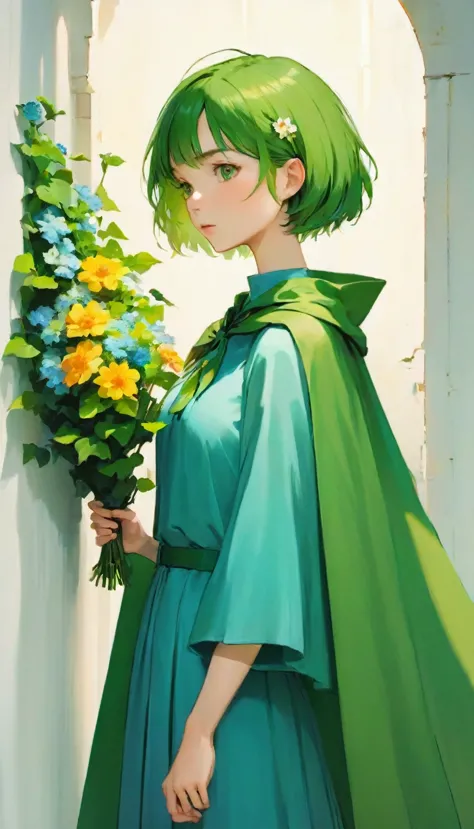 a woman standing in front of a white wall with a bouquet of flowers, short hair, pretty girl, ivy, wearing blue-green clothes, w...