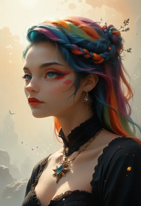 a close up of a woman with colorful hair and a necklace, anime girl with space hair, rossdros pastel bright, artwork in the styl...