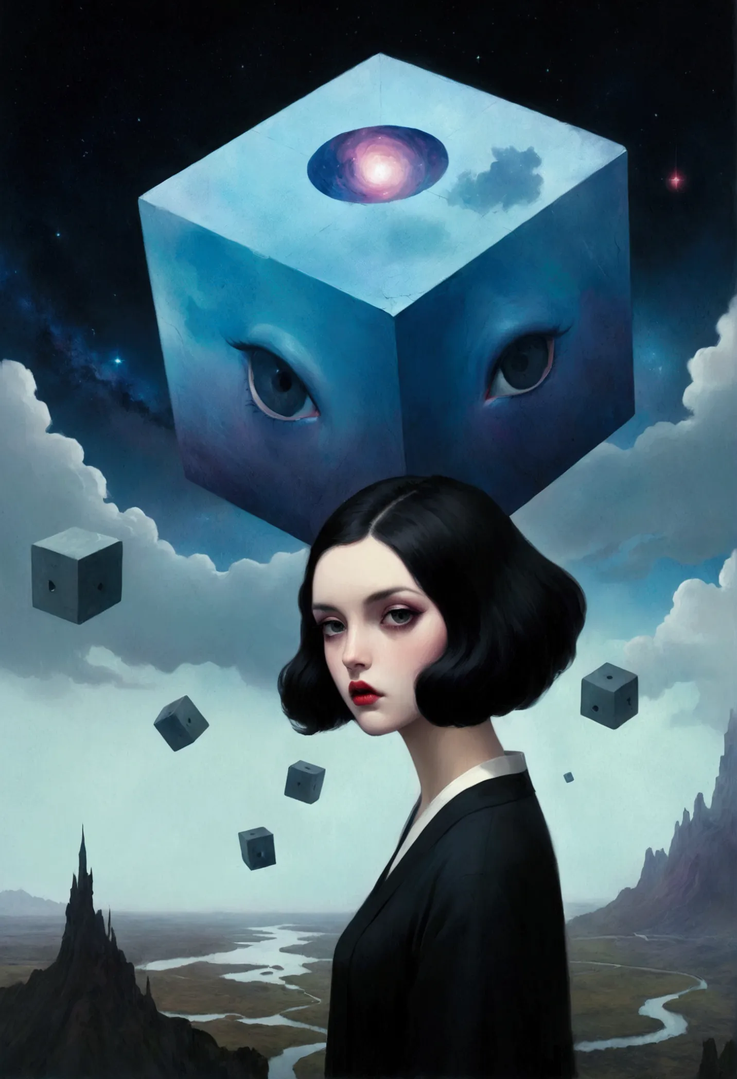 空中漂浮的红色cube， the cube, digital art 4k unsettling, key art, 4k surrealism, abstract horror, hyper-realism 8k, sylvain sarrailh 和 ...