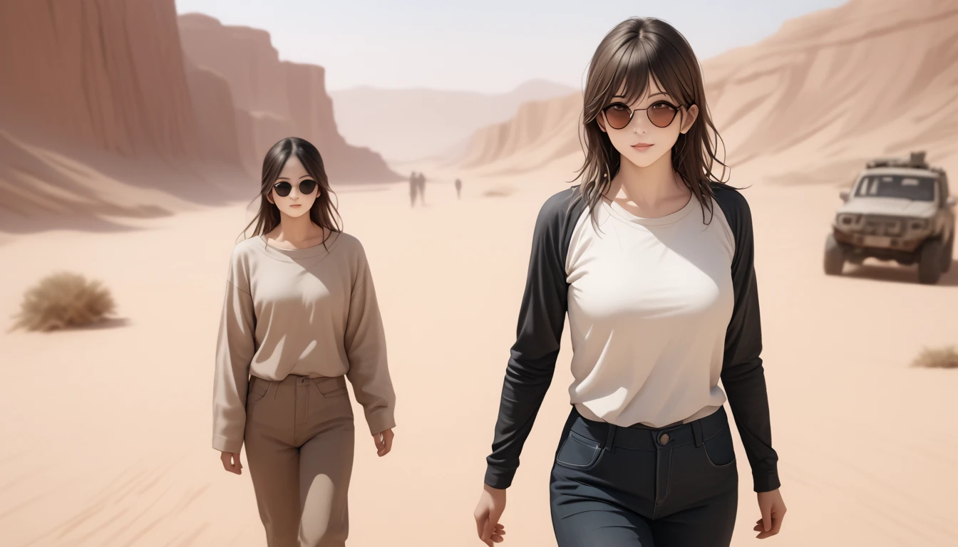 ((Highest quality)), ((masterpiece)), ((Realistic)), ((Highest quality)), ((masterpiece)), ((Realistic)), Girl Walking In The Desert, Looks tired, Loose clothing, long sleeve shirt and trousers, headgear, sunglasses, so beautiful, Natural and casual style at eye level, Scenic, masterpiece, (High resolution), original, extremely detailed 8K , (photoRealistic:1.4),Perfect Face, Perfect Eyes,Symmetrical body type,smile, 