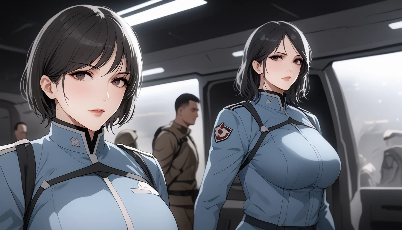 (Highest Resolution, clear_image), Highest quality, masterpiece, Very detailed, Semi-realistic, Woman with shoulder-length black hair, Dark Eyes, mature, mature woman, Imperial sister, sexy, short hair, Triple Van, Light blue uniform, Light blue uniform jacket, soldier, Light blue pleated skirt, uniform, Fighter Front, future, sf, universe