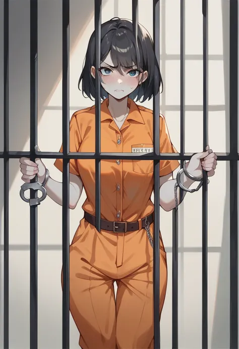 transport belt, handcuffs, prison uniform, striped black and white prison jumpsuit, view your viewers, severe, frowning, blush, ...