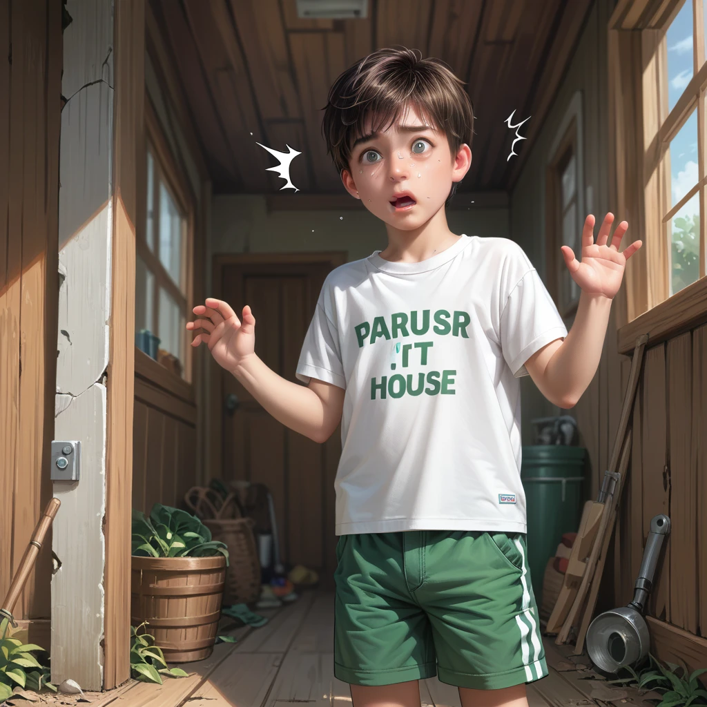 score_9, score_8_superior, score_7_superior, score_6_superior, score_5_superior, score_4_superior, super realistic),(alone, shota boy, age 15, (detailed eyes, detailed face, wearing a white t-shirt and green shorts), standing, shocked, cover the genitals in house