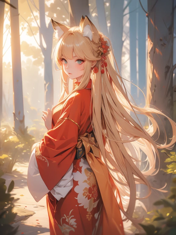 masterpiece, Highest quality, Very detailed, 16K, Ultra-high resolution, Cowboy Shot, One Girl , , Detailed face, Perfect Fingers, Fox Ears, tail, Golden Eyes, blonde, Long Hair, Red kimono, in the forest, During a walk