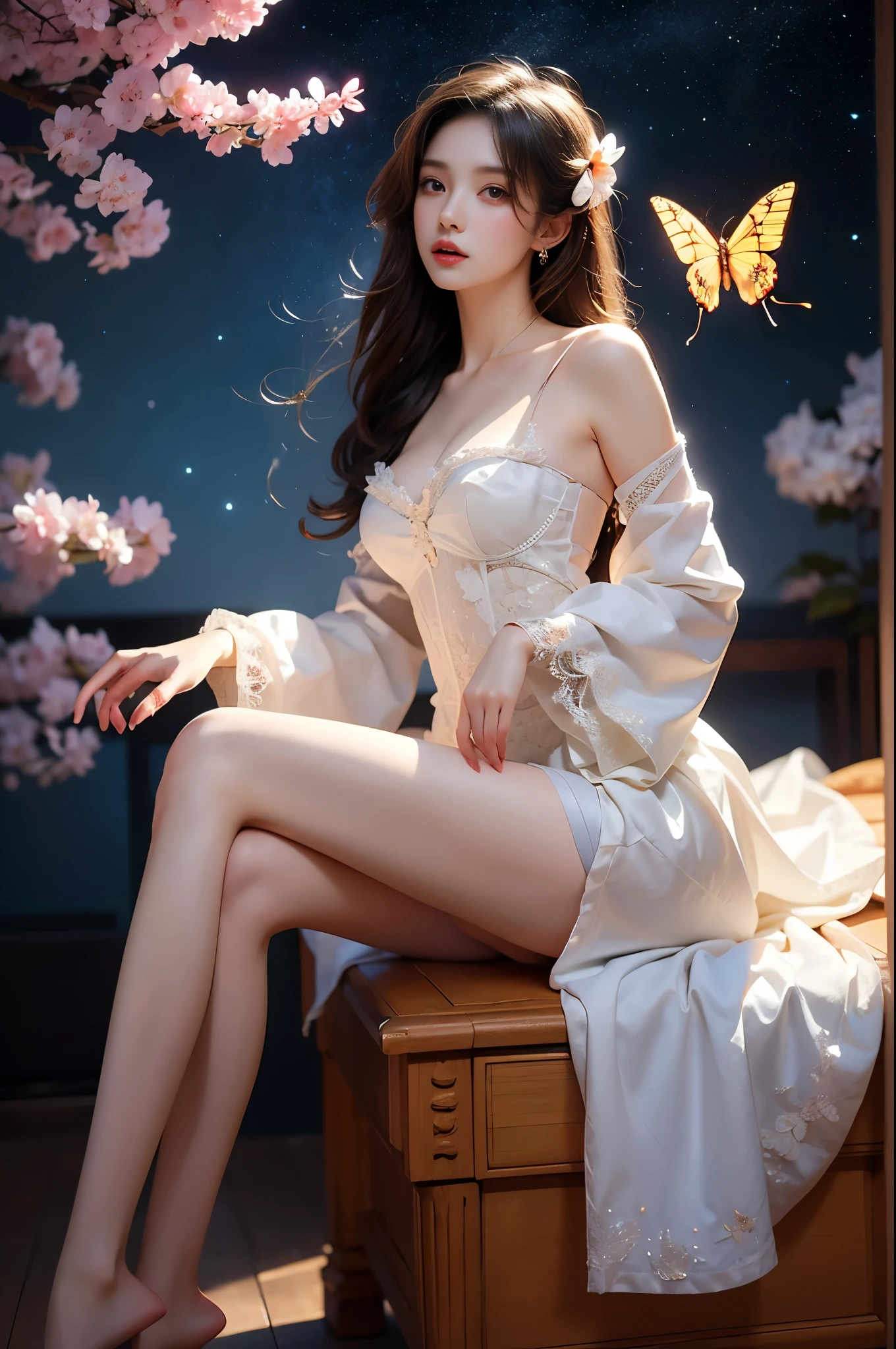 Elegant posture, She gently lifted her skirt with one hand,头发周围有白色的Butterfly兰，Lilac dendrobium、White Lily, Long legs , Deep in Wonderland, ((Flowing long hair))Official Art , Unity8k Wallpaper , Extremely detailed , Visible cleavage, Pretty and beautiful , 性感Long legs, masterpiece , best quality ,Practical, Very detailed illustrations ,Extremely detailed , Intricate details , Extremely complex and detailed , Very detailed 8KCG wallpaper , Caustics .reflection , Ray Tracing , Devil theme ,nebula ,Dark aura, Network Effects , (1 girl)solitary , 小蓝Butterfly , (Blue plasma flame , (insect , Butterfly)) Pastel tones in Rococo style ,Light white and light dark red , Incredibly beautiful , Cherry blossoms , Surrealism ,painting , Ethereal , Mixing reality and fantasy elements ,Ray Tracing , Complex Mode , Exquisite lines , Perfect your hands, Starry Sky , Colorful , Star