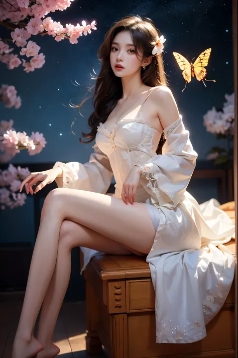 elegant posture, she gently lifted her skirt with one hand,头发周围有白色的butterfly兰，lilac dendrobium、white lily, long legs , deep in w...