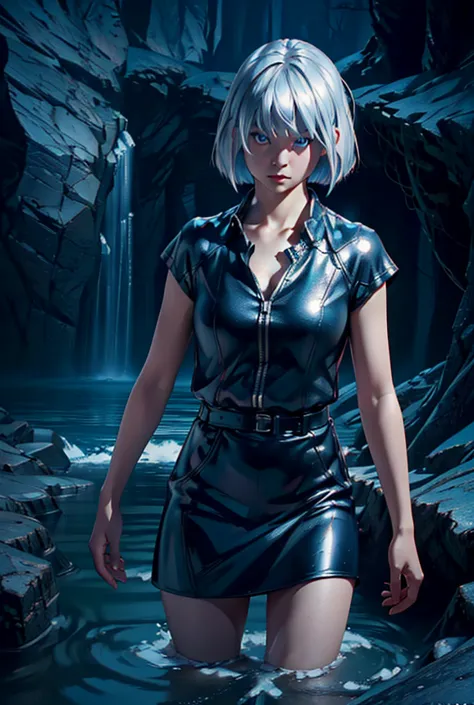 asian girl, silver hair, bob cut, blue eyes, black skirt, standing, dark cave, lake, (best quality,4k,8k,highres,masterpiece:1.2...