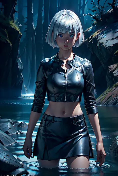 asian girl, silver hair, bob cut, blue eyes, black skirt, standing, dark cave, lake, (best quality,4k,8k,highres,masterpiece:1.2...