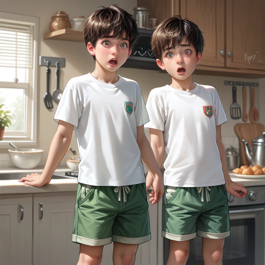 score_9, score_8_superior, score_7_superior, score_6_superior, score_5_superior, score_4_superior, super realistic),(alone, shota boy, age 15, (detailed eyes, detailed face, wearing a white t-shirt and green shorts), standing, shocked, cover the genitals in kitchen