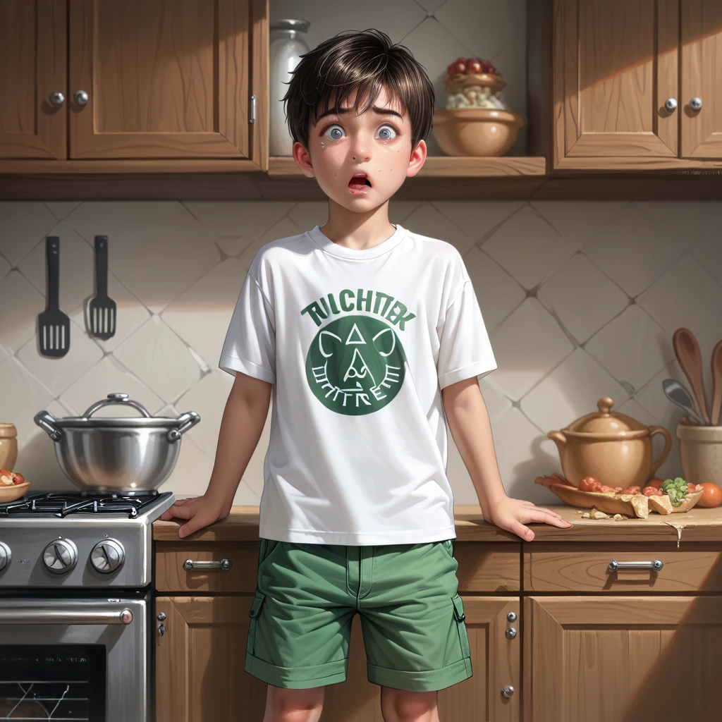 score_9, score_8_superior, score_7_superior, score_6_superior, score_5_superior, score_4_superior, super realistic),(alone, shota boy, age 15, (detailed eyes, detailed face, wearing a white t-shirt and green shorts), standing, shocked, cover the genitals in kitchen