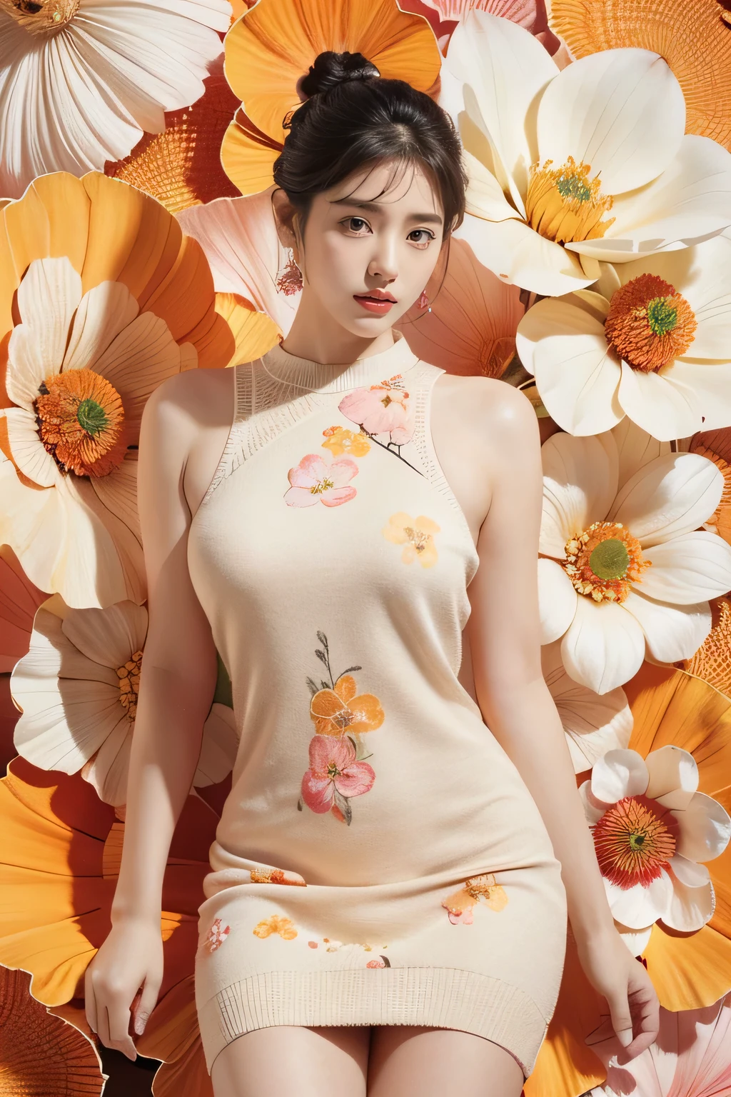 masutepiece, Best quality, (1womanl), Ultra-detailed, finedetail, A high resolution, 8K picture quality, hyper HD, Perfect dynamic composition, Beautiful detailed eyes,  Natural lips, Orange and white floral knitted dress, extra very short hair, abstract backgrounds, is shy, Diffused neon in the background,