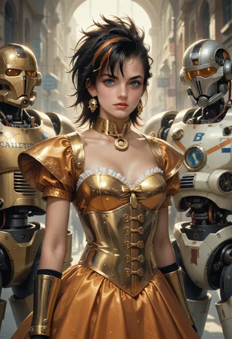 a close up of a woman in a corset dress with a bunch of people, les edwards poster art, golden and copper armor, mech, seventies...