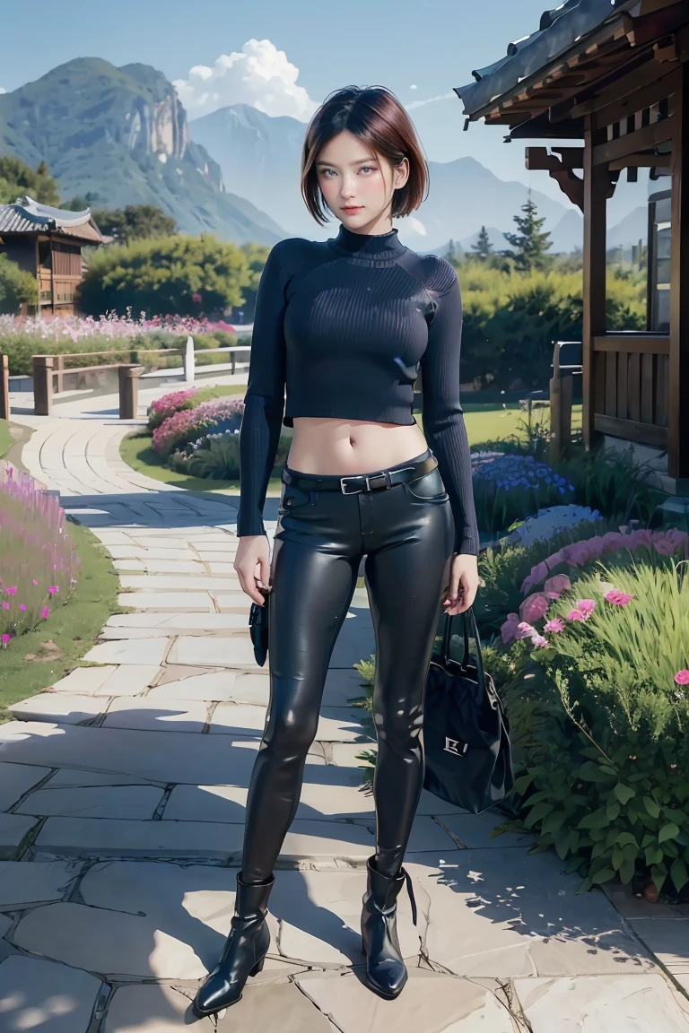 have_RE4, (stand:1.4),(Beautiful face:1.5), 1 girl,black hair, short hair, red sweater, belt, Black ankle boots,  ((upper body)),(realistic:1.7),((best quality)),nonsense,(Ultra high resolution),(photorealistic:1.6),photorealistic,Octane rendering,(hyperrealistic:1.2), (photorealistic face:1.2), (8ก), (4K), (Masterpiece),(realistic skin texture), (illustration, movie light,Wallpaper),( beautiful eyes:1.2),((((perfect face)))),(cute),(stand),((look at viewer)),(dynamic gesture:1.3), outdoor, house, Flower path, mountain, lagoon, harbor,