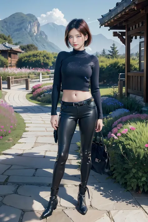 have_re4, (stand:1.4),(beautiful face:1.5), 1 girl,black hair, short hair, red sweater, belt, black ankle boots,  ((upper body))...