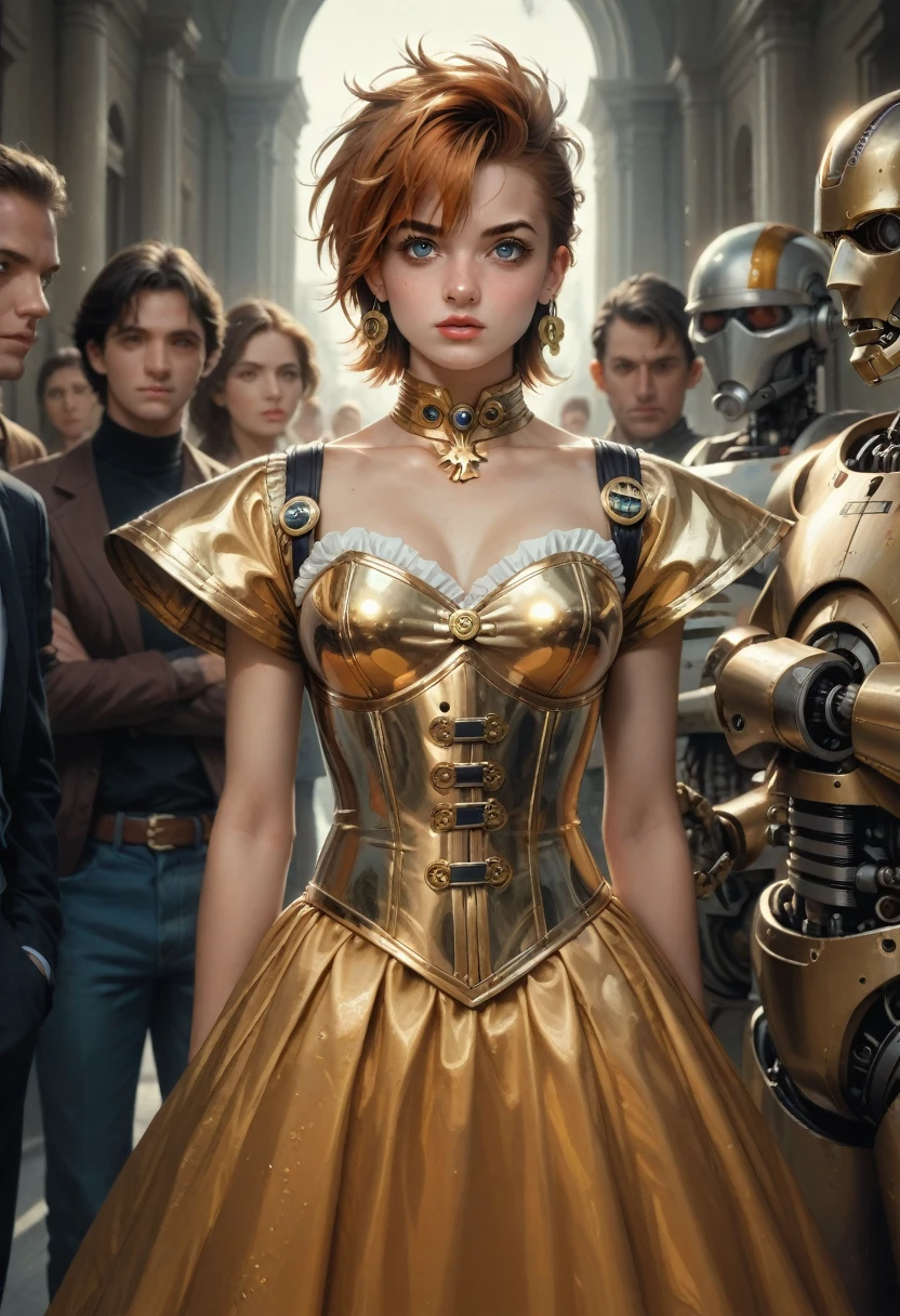 a close up of a woman in a corset dress with a bunch of people, les edwards poster art, golden and copper armor, mech, seventies, face like ester exposito, 1 9 7 0 s female alive, key frame, dollpunk, band of gold round his breasts, barbarella, metalic, mechanical, mechanical superstructure  