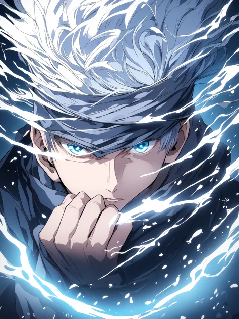 gojou satoru, 1boy, male focus, solo,  full body, blue eyes, blindfold, white hair, night, one eye covered, parted lips, high co...