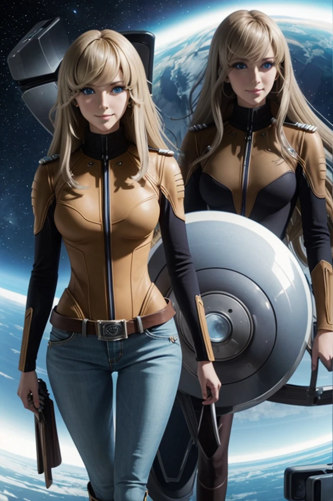 Anime style female character inspired by vintage space opera aesthetics, with elongated facial features, 165 cm tall, having blond, waist-length, wavy hair with V bangs, and blue eyes. She is wearing ultra tight skinny jeans with high riding boots over them, adding an equestrian touch to her ensemble. The character's design reflects a blend of space opera elements and a realistic body proportion, highlighting her strong yet feminine presence, big boobs,big ass, smile