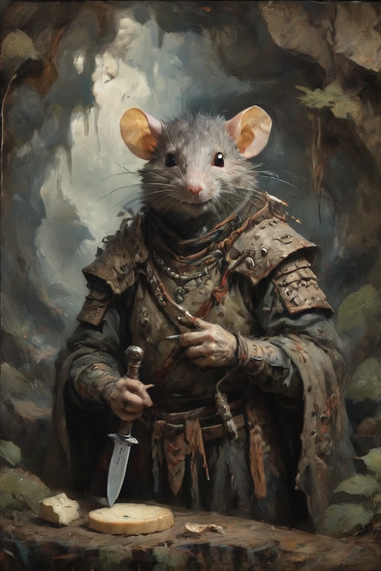 Absurd Wabi-Sabi, a Rat Man，With cheese，In the forest cave, Dressed in elegant tribal-era armor， Surrealism, Holding a knife