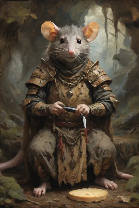 absurd wabi-sabi, a rat man，with cheese，in the forest cave, dressed in elegant tribal-era armor， surrealism, holding a knife