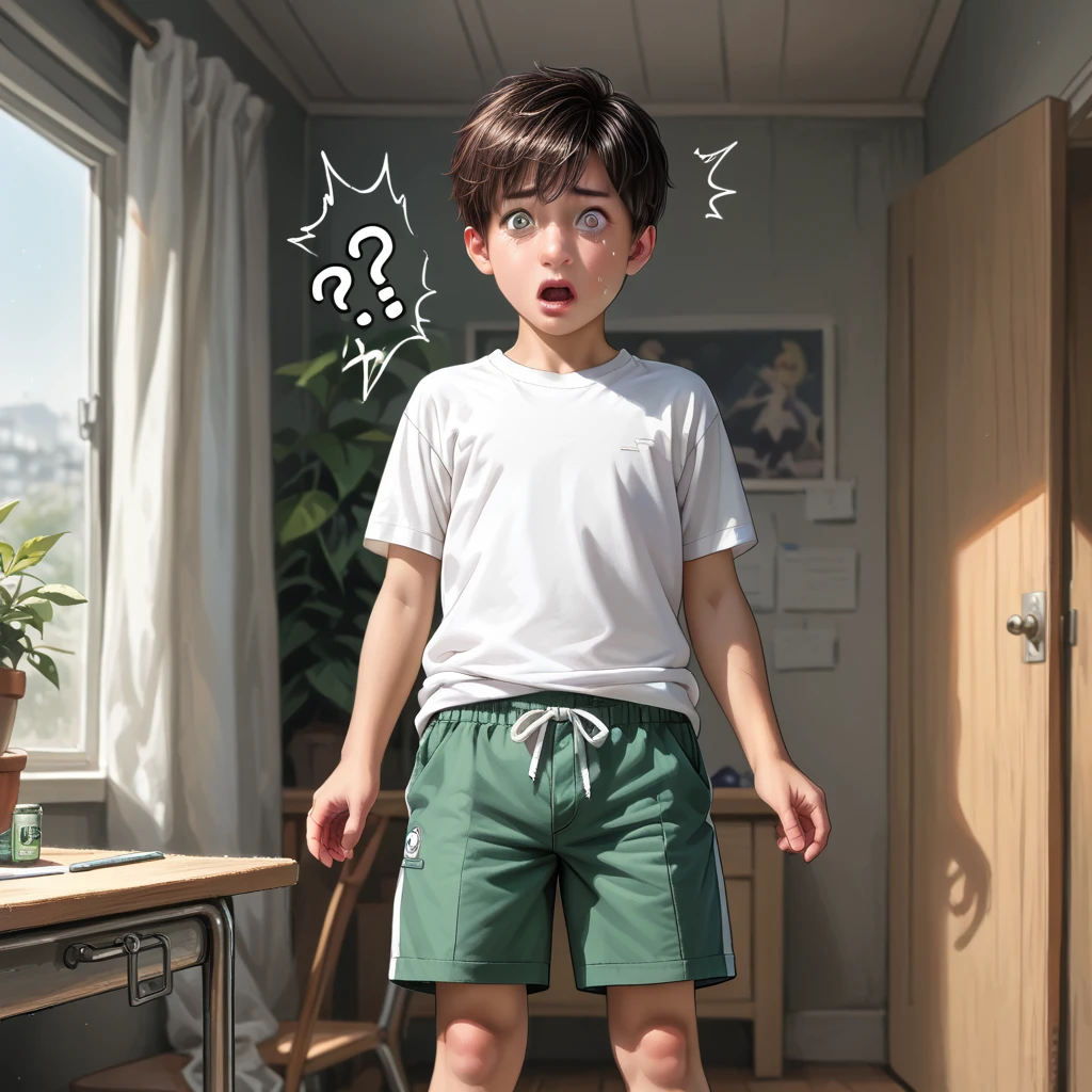 score_9, score_8_superior, score_7_superior, score_6_superior, score_5_superior, score_4_superior, super realistic),(alone, shota boy, age 15, (detailed eyes, detailed face, wearing a white t-shirt and green shorts), standing, shocked, hold, the genitals in livingroom