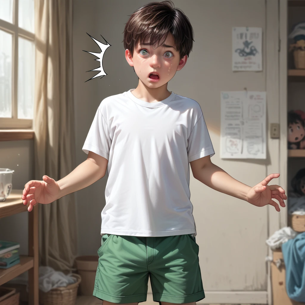 score_9, score_8_superior, score_7_superior, score_6_superior, score_5_superior, score_4_superior, super realistic),(alone, shota boy, age 15, (detailed eyes, detailed face, wearing a white t-shirt and green shorts), standing, shocked, hold, the genitals in livingroom