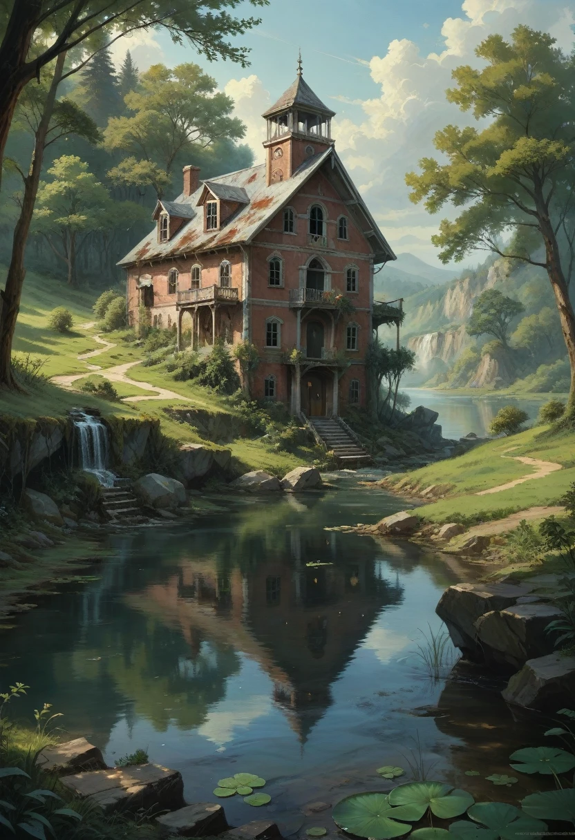 Abandoned house by the lake,landscape, water, (8k wallpaper of extremely detailed CG unit), most beautiful works of art in the world, majestic oil painting professional, intricate, high detail, sharp focus, dramatic and photorealistic painting art