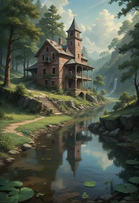 abandoned house by the lake,landscape, water, (8k wallpaper of extremely detailed cg unit), most beautiful works of art in the w...