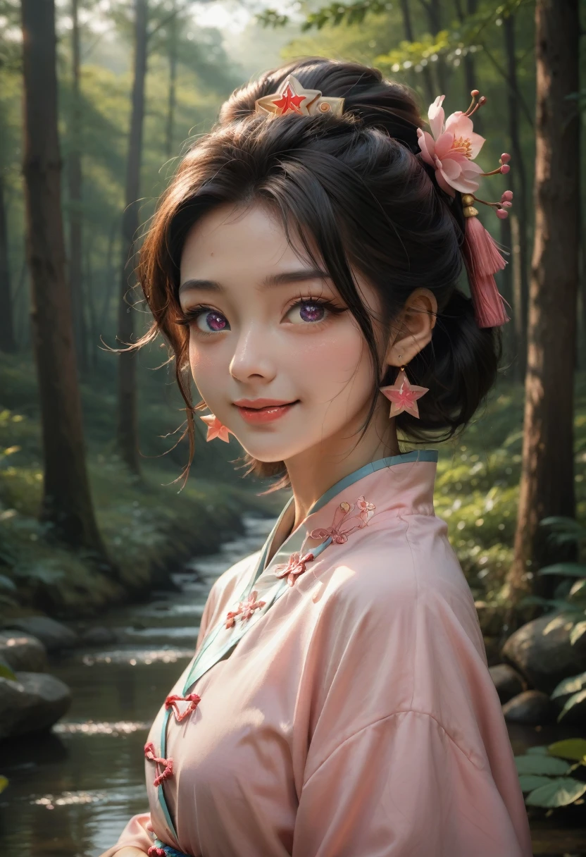 Superb Quality, Masterpiece, High Resolution, 1Girl, Blush, (Charming Smile: 0.8), Star Eyes, Chinese Hanfu, Hair Accessories, Jewelry, Beauty, on_body, Tyndall Effect, Realistic, Peach Blossom Forest, Light Edge, Two-tone Lighting, (High Detail Skin: 1.2), 8K UHD, DSLR, Soft Light, High Quality, Volume Lighting, Voyeur, Photo, High Resolution, 4K, 8K, Background Blur