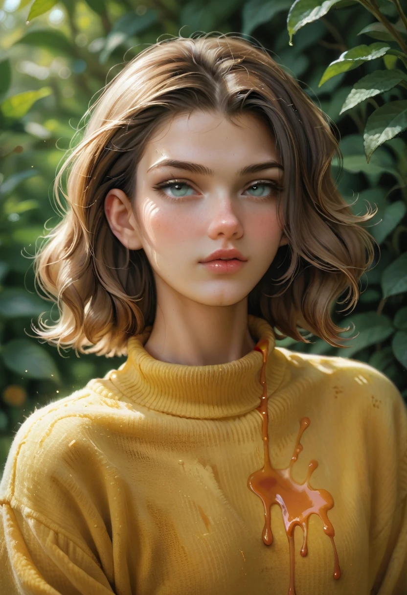 (best quality, masterpiece) high resolution illustration of a young boy covered in sticky natural honey, yellow, syrup, oversized sweater, comfy, cozy, close-up shot, detailed texture, delicious aroma, flavorful sensation, warm and appetizing,