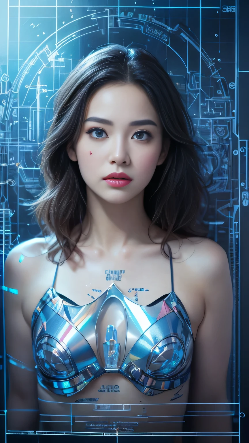 (masterpiece: 1.2, exceptional quality, mirror-like, cinematic experience, photorealistic: 1.5, RAW photo: 1.5, ultra-detailed), 8k, wallpaper, (holographic representation of blueprints: 1.5), (beautiful woman: 1.5), female cyborg, (female cyborg design: 1.5), (front view drawing: 1.5), (avant-garde design: 1.5), (detailed blueprint drawing: 1.5), (numerous notes on the setting: 1.5), (beautiful face, beautiful eyes, beautiful hair),