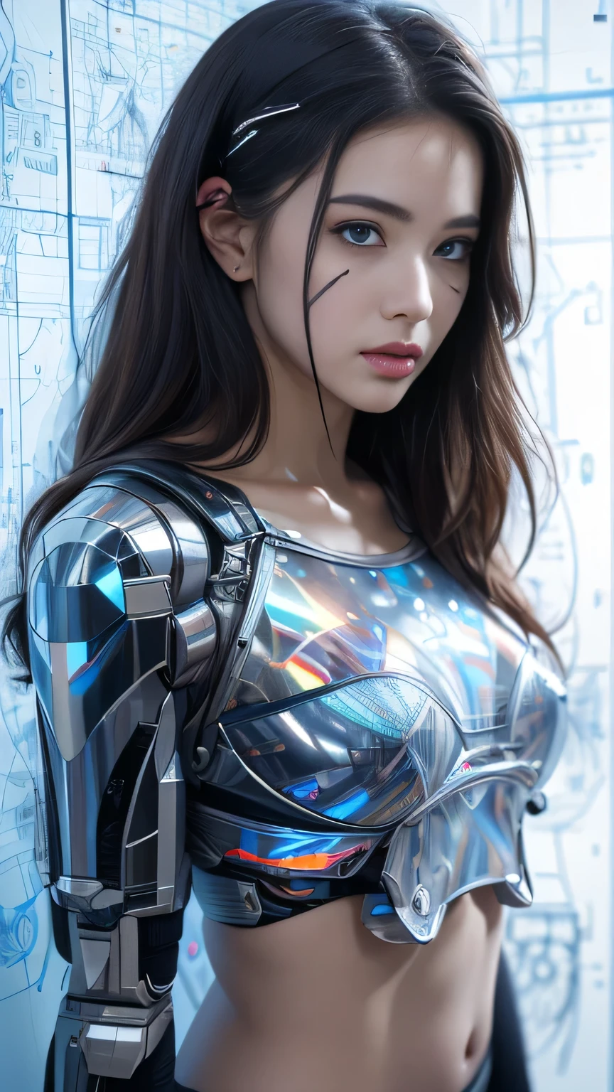 (masterpiece: 1.2, exceptional quality, mirror-like, cinematic experience, photorealistic: 1.5, RAW photo: 1.5, ultra-detailed), 8k, wallpaper, (holographic representation of blueprints: 1.5), (beautiful woman: 1.5), female cyborg, (female cyborg design: 1.5), (front view drawing: 1.5), (avant-garde design: 1.5), (detailed blueprint drawing: 1.5), (numerous notes on the setting: 1.5), (beautiful face, beautiful eyes, beautiful hair),