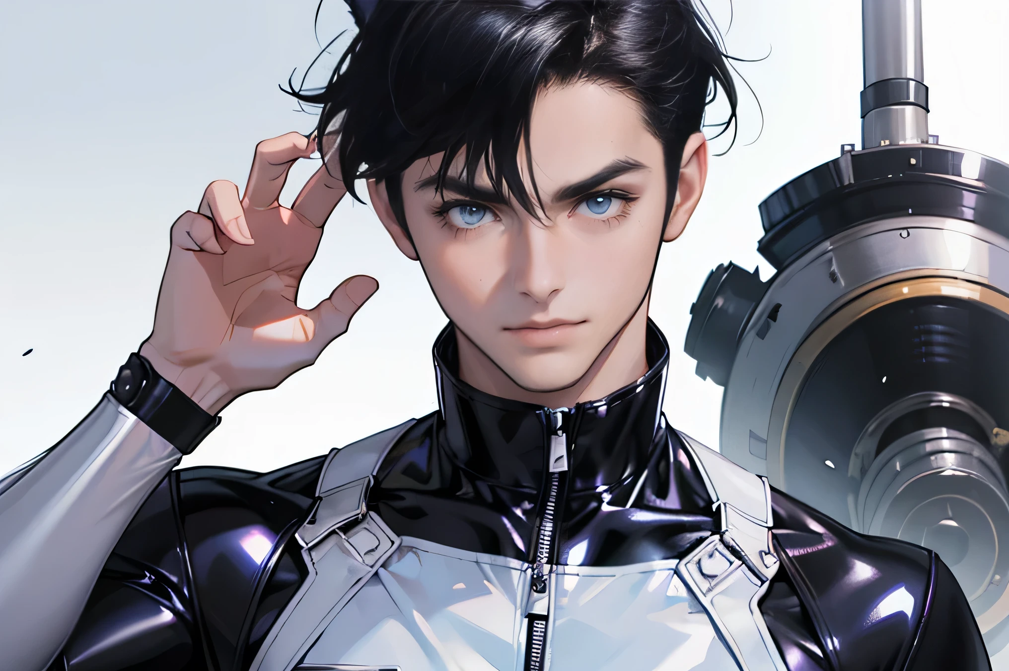 Japanese　　Handsome model　Fierce　　2　male　　smile　　　Black Hair　　Short cut　Short hair　　　looking at the camera　　　　　Shiny full-body silver suit　Mega Bulge　　Shiny silver latex suit　　looking at the camera　future world　 　　planets on the background　　　Upper body close-up　　Bunny ears　Face close-up　　Black Hair　