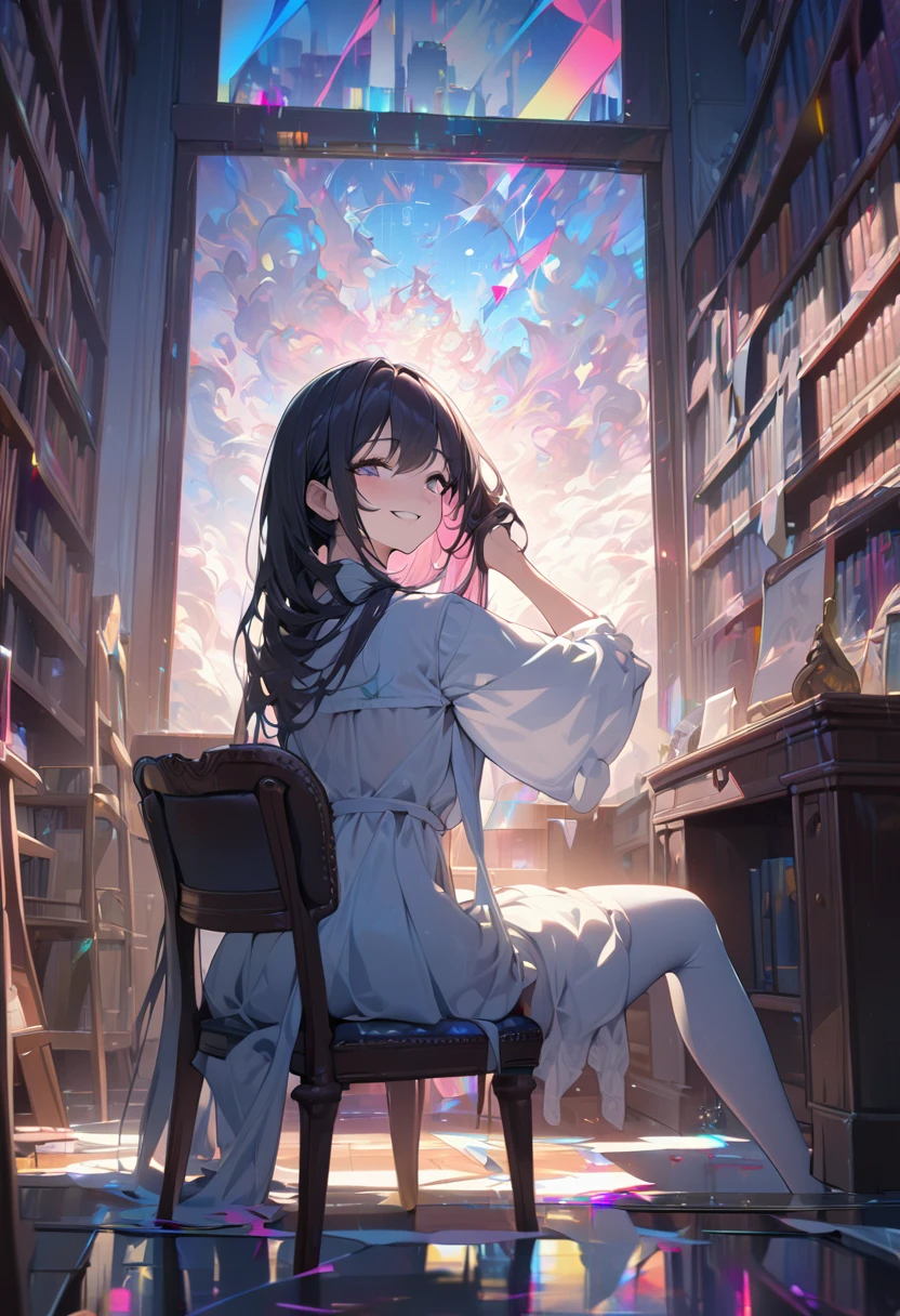 masterpiece, extremely detailed cg unity 8k wallpaper, incredibly absurd, best quality, high resolution, wallpaper, 1 Girl, Grin, Upper Body, indoors, library, sit, Chair, Adjust Hair, look back, Surrealism, Depth of Field, reflected light, absurd, glitch, ((masterpiece,best quality)), Dynamic Angle, (Beautiful delicate face:1.1), Solitary,(1 Girl:1.3), absurd,(masterpiece, best quality:1.2), full-body shot, Solitary, Latex tights, Women&#39;s Focus, 1 Girl, slightly thicker thighs, Latex elbow gloves, Narrow shoulders, Wide hips, There are eyelids, Looking at the screen, Full lips, Warm smile, Red lipstick, Left hand on hip, Place your index finger on your lower lip, Dark atmosphere, Dim Lights,