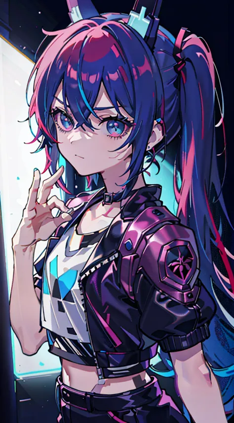 masutepiece, best quality, colorful, teenager with colorful pigtails wearing detailed leather jacket and anime t-shirt touching ...