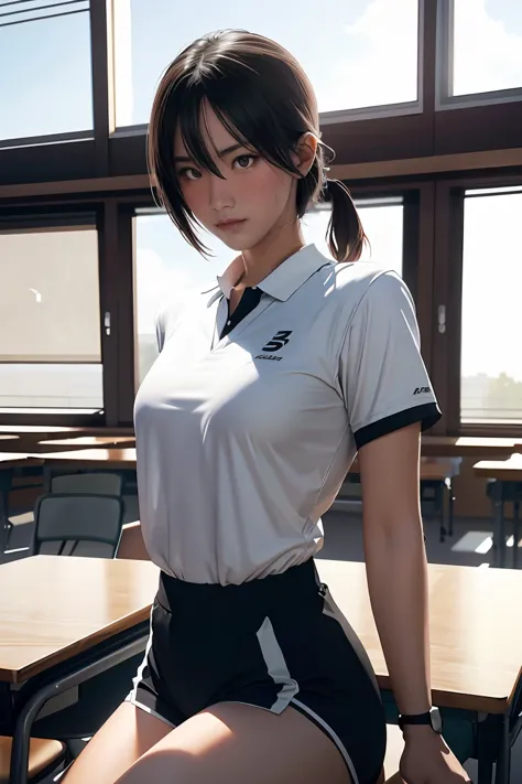 1 girl, ภาพช็อตของ re4ashley, about sports, black , white shirt, classroom, volumetric light, best quality, masterpiece, complic...