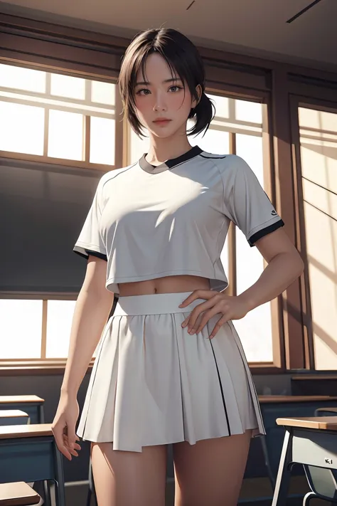 1 girl, ภาพช็อตของ re4ashley, about sports, black , white shirt, classroom, volumetric light, best quality, masterpiece, complic...