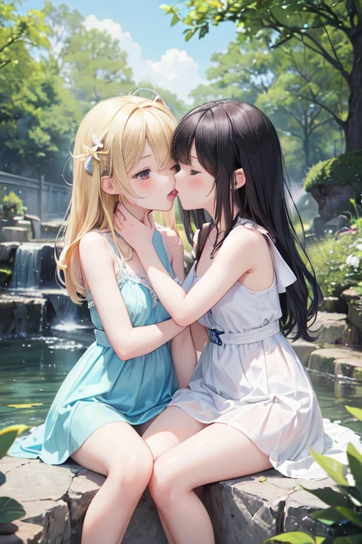 (8 (8k, Highest quality, masterpiece:1.2),cute,cute女の子たち,Couple girls,2 people，お腹にkissをする，mesugaki,Fantasy_world,kiss,Open-air bath，Touching each other&#39;s breasts，Gentle caress，Heavy breathing，White liquid splashed on face，お腹にディープkiss，starry skies，night