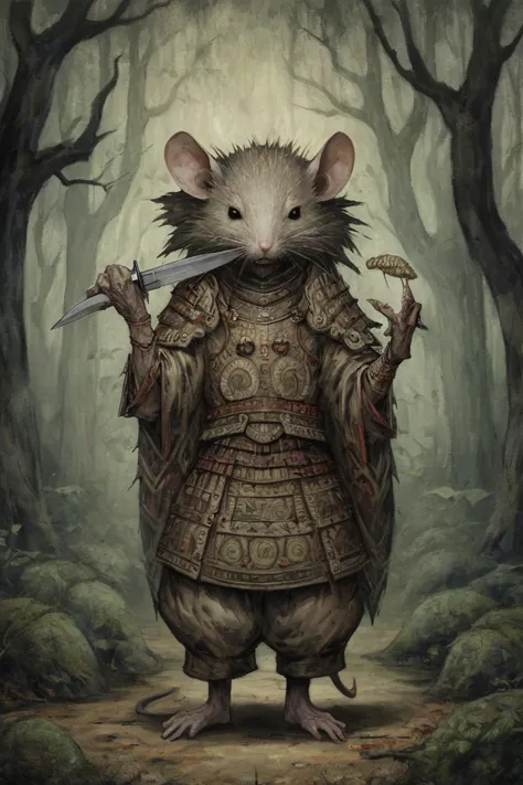 absurd wabi-sabi, a rat man，forest，在forest洞穴, dressed in elegant tribal-era armor， surrealism, holding a knife