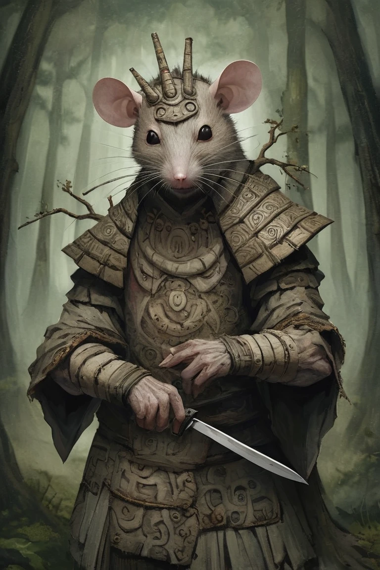 Absurd Wabi-Sabi, a Rat Man，forest，在forest洞穴, Dressed in elegant tribal-era armor， Surrealism, Holding a knife