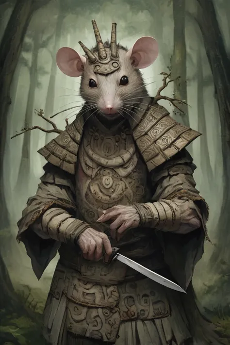 absurd wabi-sabi, a rat man，forest，在forest洞穴, dressed in elegant tribal-era armor， surrealism, holding a knife