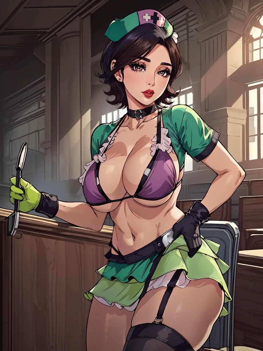 ((1 Female, One girl, alone, alone, masterpiece, Highest quality), hope, Mature Woman , One girl, Mature Woman, (blush:1.05), short hair, Black Hair, Purple Hair, lips, Cleavage, Perfect body, Perfect Eyes, eye shadow, Perfect Face, (shy:1.1)), ((Nurse cap, Revealing clothing, Shrug (clothing), Short sleeve, (Layered Bikini:1.3), Purple Bikini, Green Bikini, Green gloves, Elbow hand pockets, Pink Belt, Black Skirt, mini skirt, Green knee socks, Garter Straps, ( Tournament:1.5), (internal, lecture hall, Tournament background), High ceilings, Crowded))