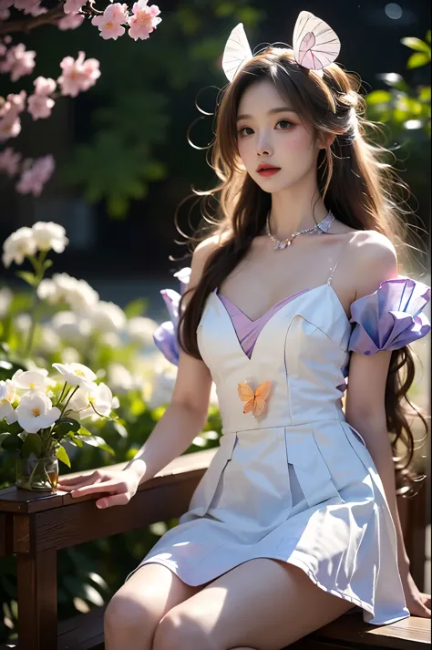 elegant posture, she gently lifted her skirt with one hand,头发周围有白色的butterfly兰，lilac dendrobium、white lily, long legs , deep in w...