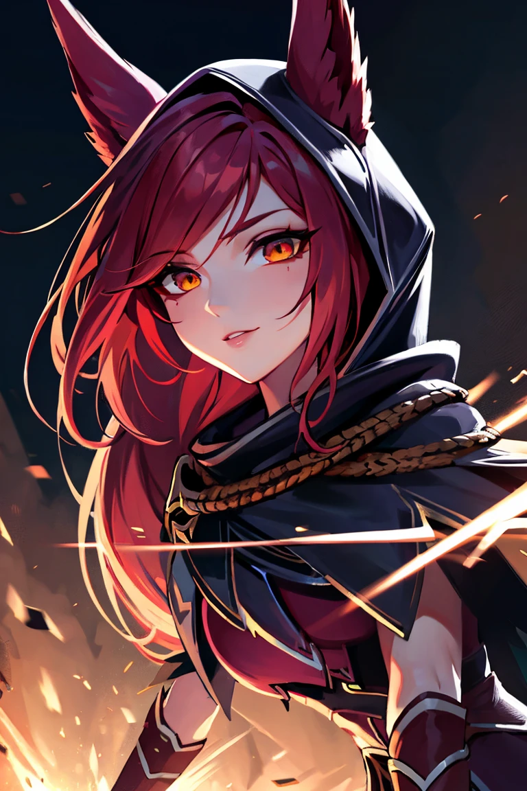 ​masterpiece, 8k, detailed face, portrait, 1 girl, ( xayah (League of Legends 1.1)), hoodie, cape, sexy pose, pretty face, asymmetrical long hair, Red hair, belt, black stockings, Orange eyes, sweet grin, forest in the background, pose for the camera, looking down at viewer, Night City, rainy, Full view