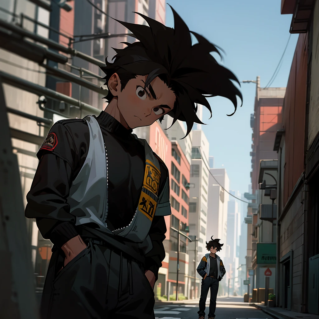 1male, young, teen, tall, muscular, black messy hair, detailed black eyes, relaxed demeanor, brown skin, monkey tail, modern street clothing, hands in pockets, city background, standing on sidewalk, facing viewer