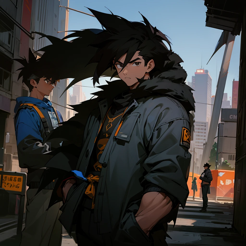 1male, young, teen, tall, muscular, black messy hair, detailed black eyes, relaxed demeanor, brown skin, monkey tail, modern street clothing, hands in pockets, city background, standing on sidewalk, facing viewer