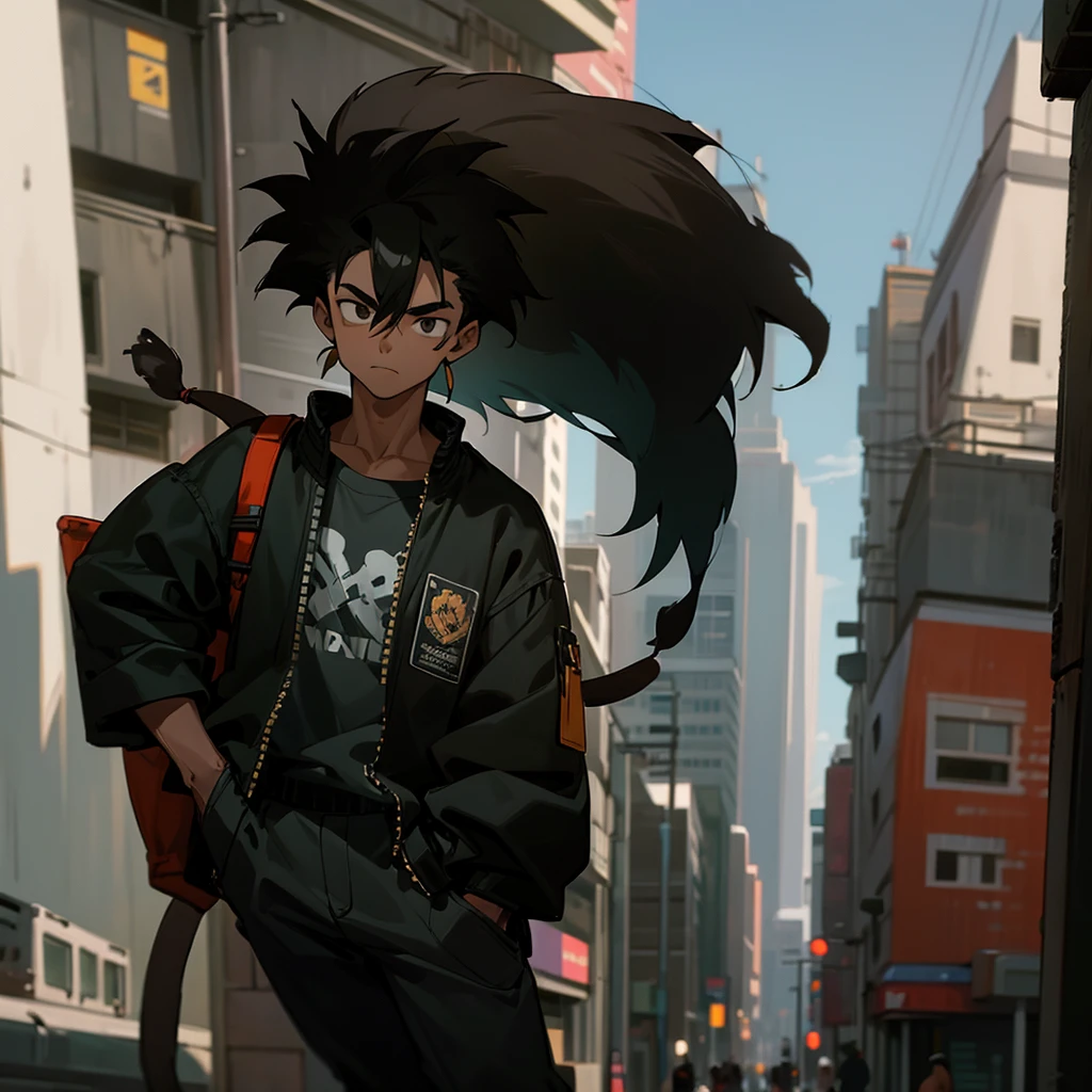 1male, young, teen, tall, muscular, black messy hair, detailed black eyes, relaxed demeanor, brown skin, monkey tail, modern street clothing, hands in pockets, city background, standing on sidewalk, facing viewer