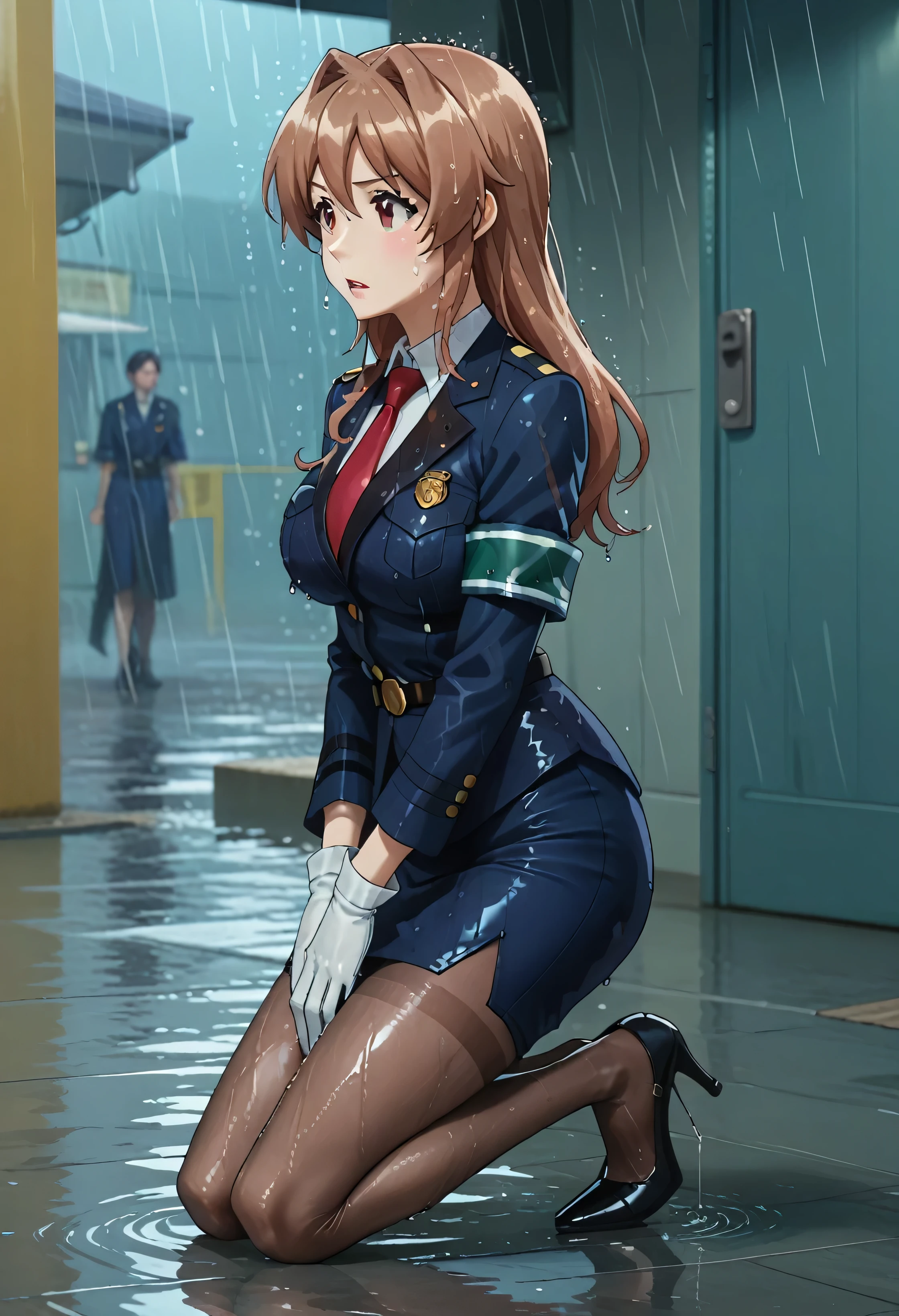 score_7_up, anime screencap,
1girl, solo, 
HarukaUniform, blue jacket, white shirt, red necktie, green armband, white gloves, pencil skirt, blue skirt, brown pantyhose, long sleeves, shiny clothing, thigh gap, cowboy shot, high heels, glossy clothing, drenched, soaked through
outside, raining, soaked, wet, wet clothing, pinup pose, sexy, water droplets, front side view, kneeling,